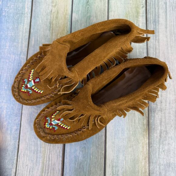 Minnetonka Brown Leather Moccasin Boots Thunderbird Beading Size 7 Vintage - Picture 2 of 10